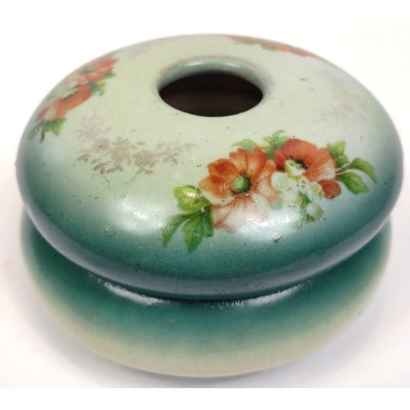 Antique Porcelain Hair Receiver Green Floral Vanity Decor 2 Piece Marked #77 - Picture 9 of 9